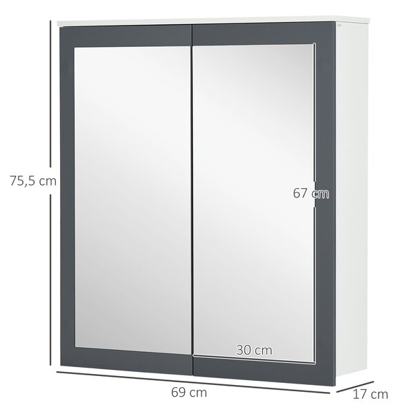 Kleankin Specchio Bagno Contenitore, 2 Ante, 2 Ripiani Regolabili, in MDF e Vetro, 69x17x75.5 cm, Bianco | Aosom Italy