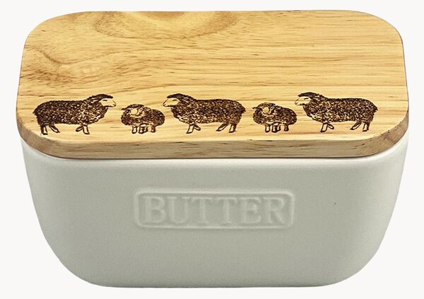 Burriera in ceramica con coperchio in legno di quercia Sheep