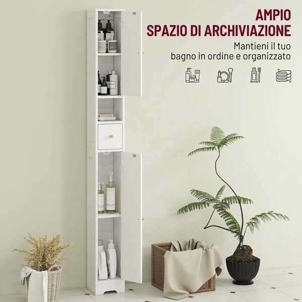 HOMCOM Mobile da Bagno Alto con Cassetto, Ripiano Aperto, 2 Ante ad Arco, Ripiani Regolabili, 20x20x185cm, Bianco | Aosom Italy