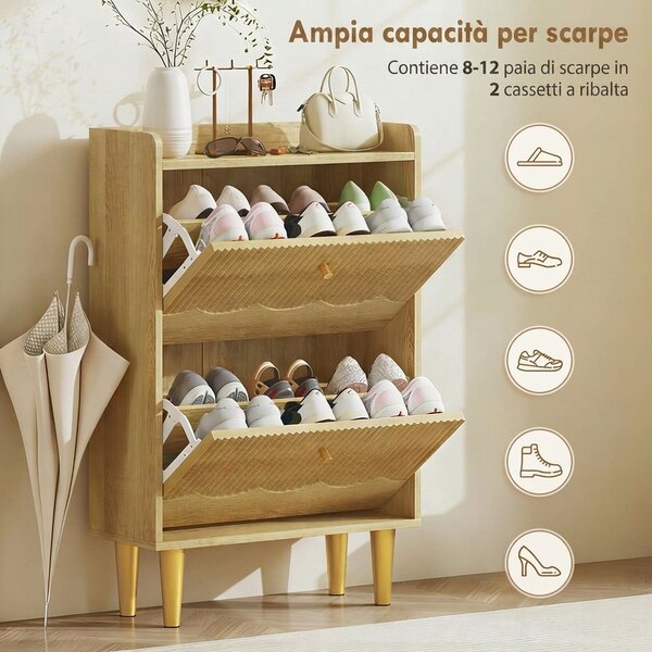 HOMCOM Scarpiera Salvaspazio Slim con 2 Ante Scanalate a Ribalta, Ripiani Regolabili, per 8-12 Paia, 60x24x92 cm, Rovere | Aosom Italy