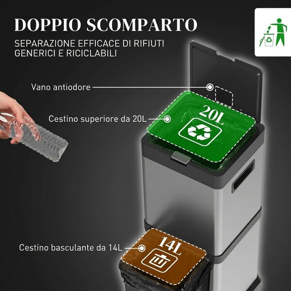 HOMCOM Pattumiera Differenziata 2 Scomparti 20+14L con Secchi Interni Rimovibili, in Acciaio Inox e PP, Argento | Aosom Italy