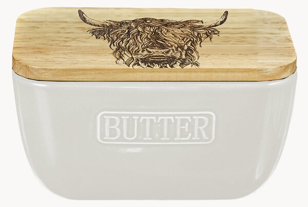 Burriera in ceramica con coperchio in legno di quercia Highland Cow