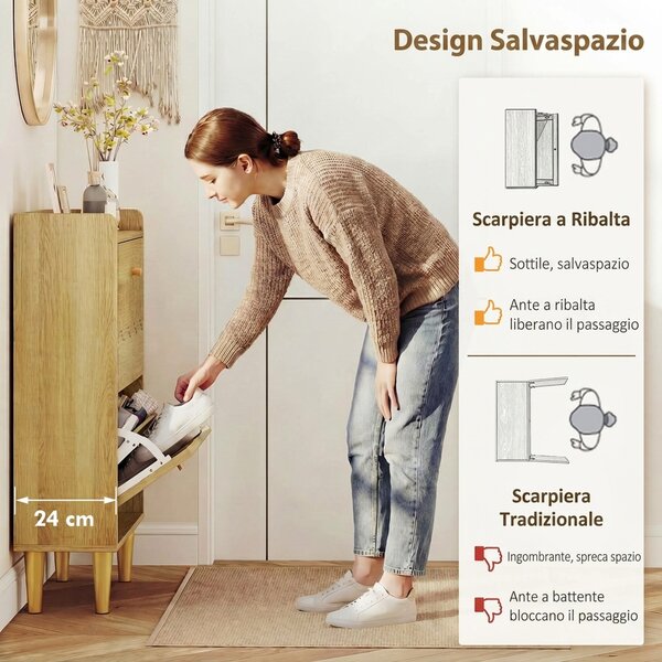 HOMCOM Scarpiera Salvaspazio Slim con 2 Ante Scanalate a Ribalta, Ripiani Regolabili, per 8-12 Paia, 60x24x92 cm, Rovere | Aosom Italy