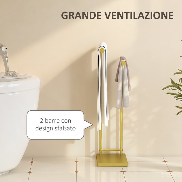 HOMCOM Porta Asciugamani Bagno da Terra Autoportante a 2 Bracci in Metallo, 35.5x20x78cm, Oro | Aosom Italy