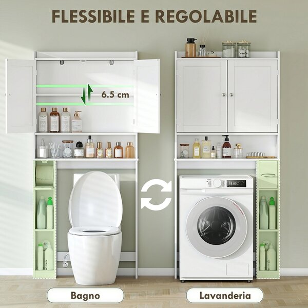 HOMCOM Mobile Sopra WC con Armadietto a 2 Ante e Ripiani Aperti, 80x19.5x170 cm, per Bagno e Lavanderia, Bianco | Aosom Italy