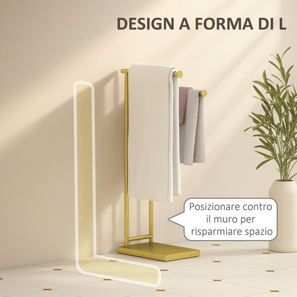 HOMCOM Porta Asciugamani Bagno da Terra Autoportante a 2 Bracci in Metallo, 35.5x20x78cm, Oro | Aosom Italy
