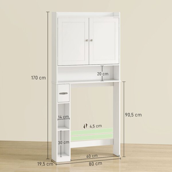 HOMCOM Mobile Sopra WC con Armadietto a 2 Ante e Ripiani Aperti, 80x19.5x170 cm, per Bagno e Lavanderia, Bianco | Aosom Italy
