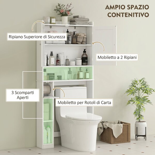 HOMCOM Mobile Sopra WC con Armadietto a 2 Ante e Ripiani Aperti, 80x19.5x170 cm, per Bagno e Lavanderia, Bianco | Aosom Italy