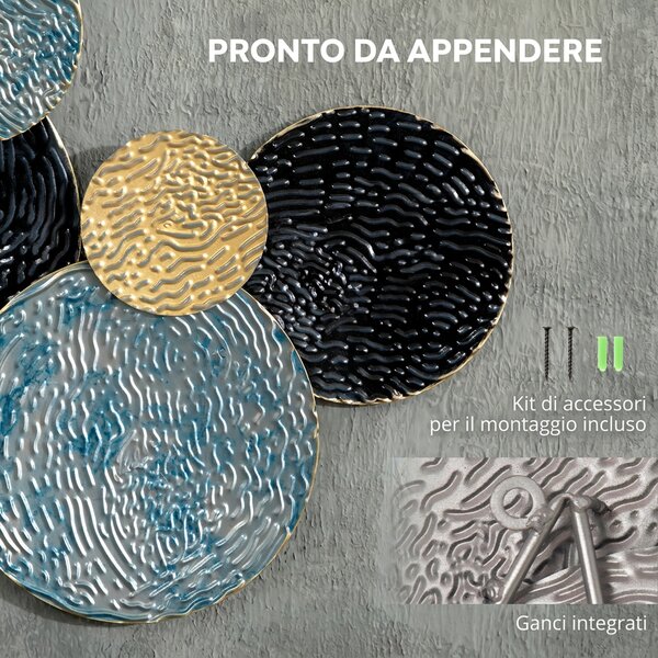 HOMCOM Decorazione Murale Cerchi 3D in Metallo, Wall Art con Rivestimento in Rilievo, 121x53cm, Blu, Nero e Oro | Aosom Italy