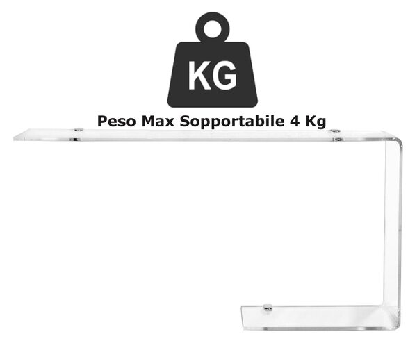 Mensola da muro in plexiglass da 6 mm J RIGHT Dimensioni 80x17,5xh 40 cm peso 1,9 kg Portata max 4 Kg completa di supporti in alluminio reggi mensola trasparente