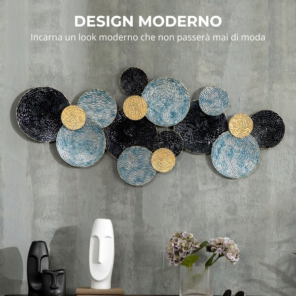 HOMCOM Decorazione Murale Cerchi 3D in Metallo, Wall Art con Rivestimento in Rilievo, 121x53cm, Blu, Nero e Oro | Aosom Italy