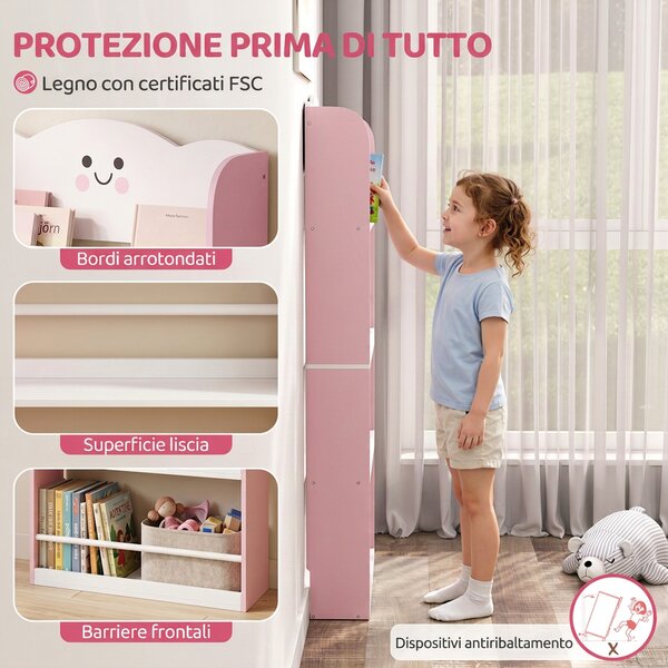 AIYAPLAY Libreria Montessoriana per Bambini 3-6 Anni con Tema Zucchero Filato, 4 Ripiani in Legno, per Cameretta, Rosa | Aosom Italy
