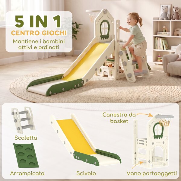AIYAPLAY Scivolo per Bambini 1-3 Anni con Arrampicata, Canestro, Spazio Portaoggetti e Gradini antiscivolo, Crema | Aosom Italy