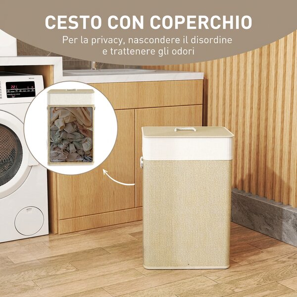 HOMCOM Cesto Portabiancheria 72L con Coperchio in Bambù, Manici in Corda e Sacco Rimovibile e Lavabile, Crema | Aosom Italy