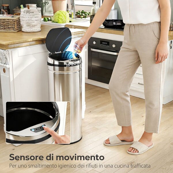 HOMCOM Pattumiera Automatica con Sensore a Infrarossi e Capacità 50L in Acciaio inox e Plastica, Argento | Aosom Italy