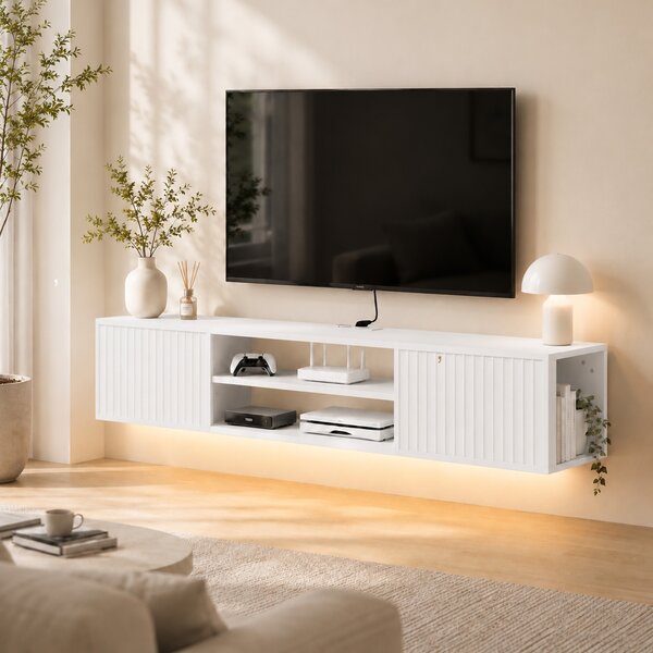 HOMCOM Mobile TV Sospeso, Mobile Porta TV Fino a 65" con Ripiano Regolabile, Luci LED RGB, Prese di Corrente, Bianco | Aosom Italy
