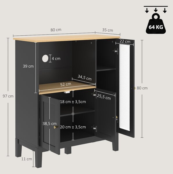 HOMCOM Mobile Microonde con Armadietto Inferiore e 3 Ripiani Laterali con Anta in Vetro, in Legno, 80x35x97 cm, Nero | Aosom Italy