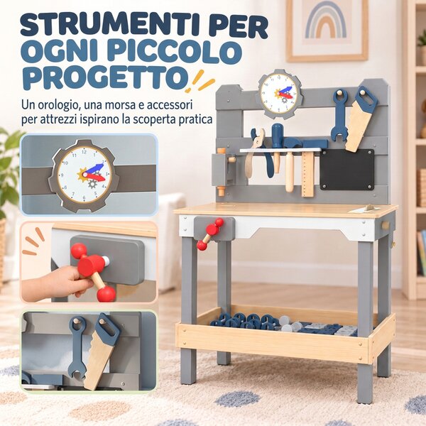 AIYAPLAY Banco da Lavoro per Bambini in Legno con Set di Attrezzi 15 Pezzi, Orologio, Lavagna, Ripiano, 3-6 Anni, Grigio | Aosom Italy