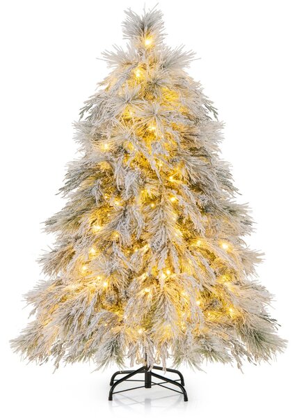 Costway Albero di Natale rivestito di neve di 146cm con cerniera e luci LED bianche calde, Albero di Natale artificiale