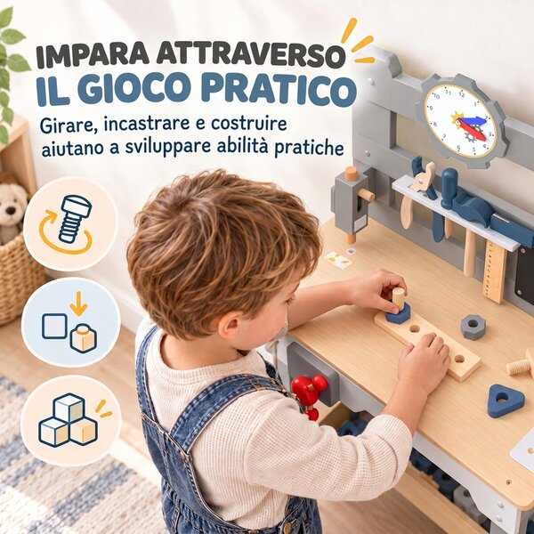 AIYAPLAY Banco da Lavoro per Bambini in Legno con Set di Attrezzi 15 Pezzi, Orologio, Lavagna, Ripiano, 3-6 Anni, Grigio | Aosom Italy