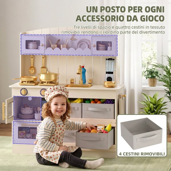 AIYAPLAY Cucina Giocattolo per Bambini in Legno con Luci e Suoni, 4 Cassetti in Tessuto, 12 Accessori, Regalo, 3-6 Anni | Aosom Italy