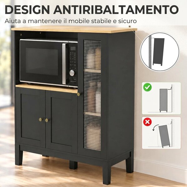 HOMCOM Mobile Microonde con Armadietto Inferiore e 3 Ripiani Laterali con Anta in Vetro, in Legno, 80x35x97 cm, Nero | Aosom Italy
