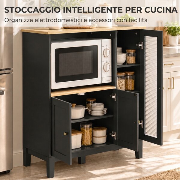 HOMCOM Mobile Microonde con Armadietto Inferiore e 3 Ripiani Laterali con Anta in Vetro, in Legno, 80x35x97 cm, Nero | Aosom Italy