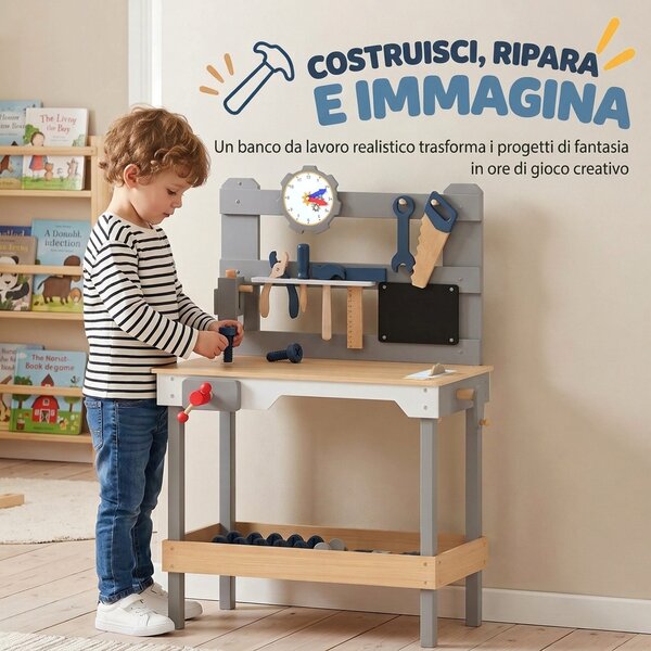 AIYAPLAY Banco da Lavoro per Bambini in Legno con Set di Attrezzi 15 Pezzi, Orologio, Lavagna, Ripiano, 3-6 Anni, Grigio | Aosom Italy