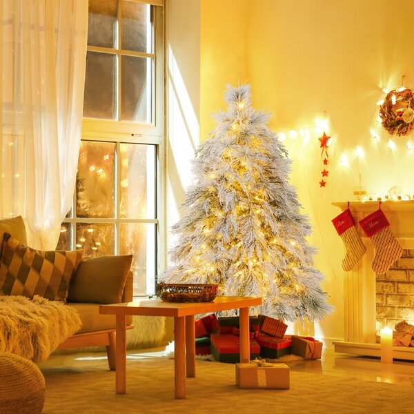 Costway Albero di Natale rivestito di neve di 146cm con cerniera e luci LED bianche calde, Albero di Natale artificiale
