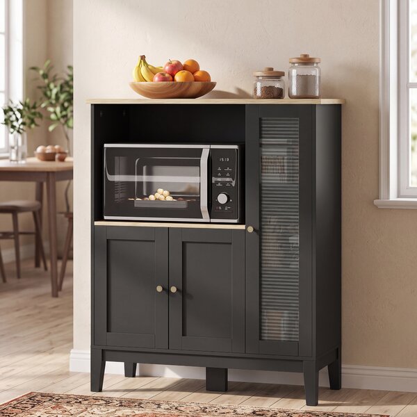 HOMCOM Mobile Microonde con Armadietto Inferiore e 3 Ripiani Laterali con Anta in Vetro, in Legno, 80x35x97 cm, Nero | Aosom Italy