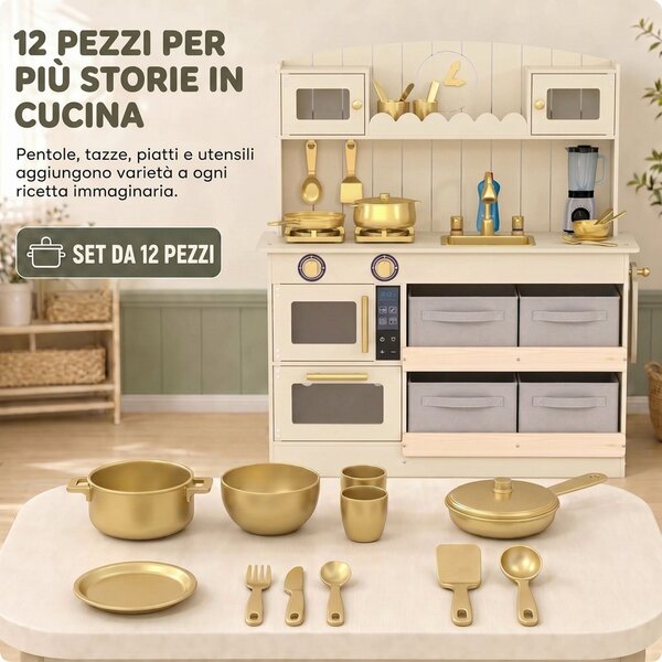 AIYAPLAY Cucina Giocattolo per Bambini in Legno con Luci e Suoni, 4 Cassetti in Tessuto, 12 Accessori, Regalo, 3-6 Anni | Aosom Italy