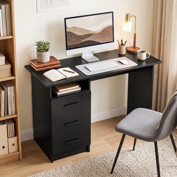 HOMCOM Scrivania Salvaspazio con 3 Cassetti, Ripiano Aperto, Scrivania Ufficio, Moderna, Tavolo PC per Computer Casa Ufficio Studio Camera da Letto, 100x40x75 cm, Nero | Aosom Italy