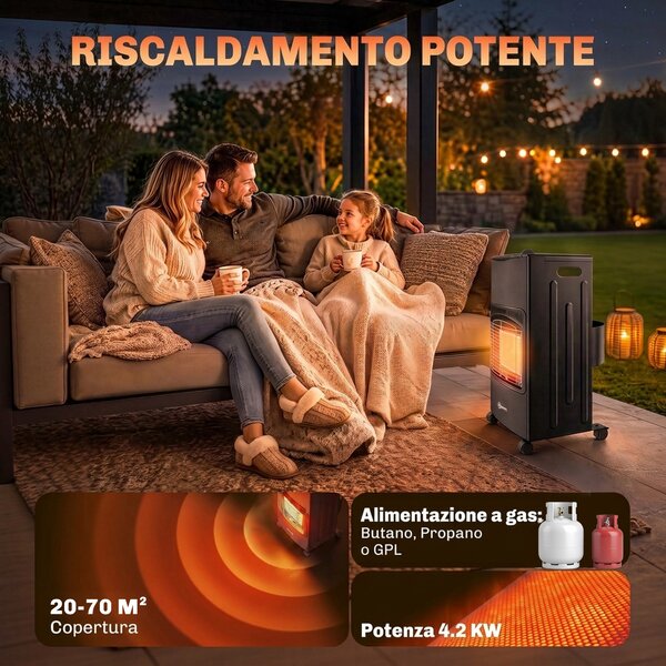 Outsunny Stufa a Gas 4.2 kW, 3 Livelli di Calore, ODS, Spegnimento Fiamma, Antiribaltamento | Aosom Italy