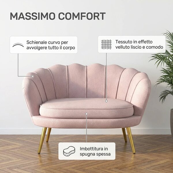 DecHome Divano 2 Posti Contemporaneo Luxury in Velluto Dimensioni 130x77x77 cm colore Rosa