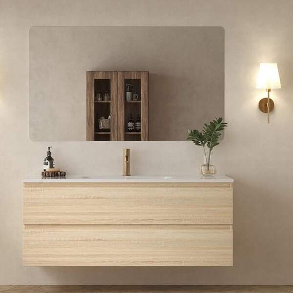Mobile bagno 120 cm due cassetti lavabo integrato legno chiaro | KAM-HR120 - KAMALU