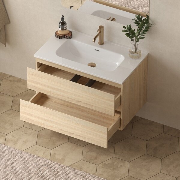 Mobile bagno 100 cm lavabo integrato legno chiaro | KAM-HR100 - KAMALU