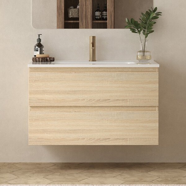 Mobile bagno 100 cm lavabo integrato legno chiaro | KAM-HR100 - KAMALU