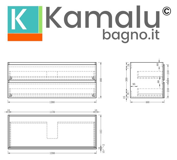 Mobile bagno 120 cm due cassetti lavabo integrato legno chiaro | KAM-HR120 - KAMALU