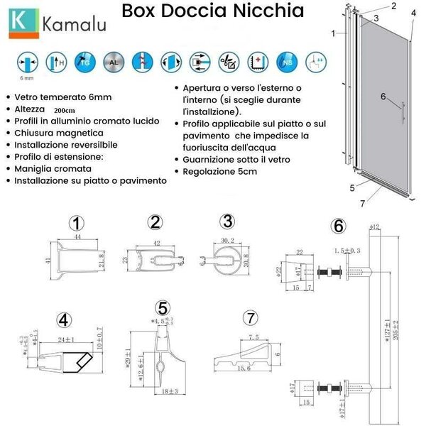 Porta doccia nicchia battente 90cm vetro trasparente KS2800N - KAMALU