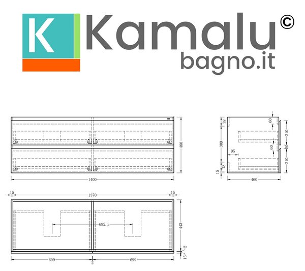 Mobile bagno 140 cm 4 cassetti doppio lavabo legno chiaro | KAM-HR140C - KAMALU