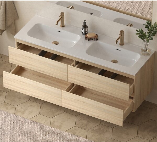 Mobile bagno 140 cm 4 cassetti doppio lavabo legno chiaro | KAM-HR140C - KAMALU