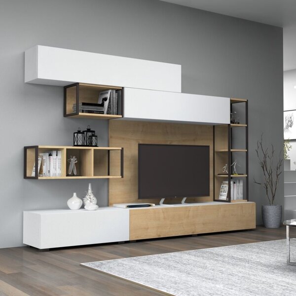 Parete attrezzata Tronador 260 cm bianco opaco e rovere