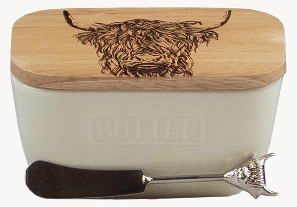 Set burriera in ceramica con coltello da burro Highland Cow, set da 2