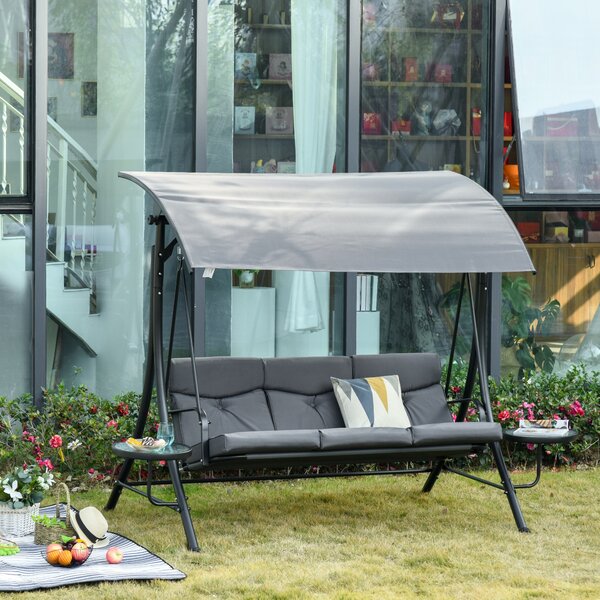 Outsunny Dondolo da Giardino 3 Posti o Balcone con Tettuccio Regolabile e 2 Tavolini, per Esterno, Grigio 271x125x177cm|Aosom