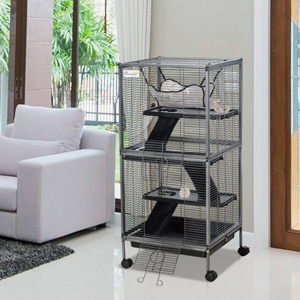 PawHut Gabbia per animali piccoli o roditori con piattaforma rampa vassoio rimovibile amaca 4 ruote telaio in acciao 52 x 52 x 113.5cm|Aosom