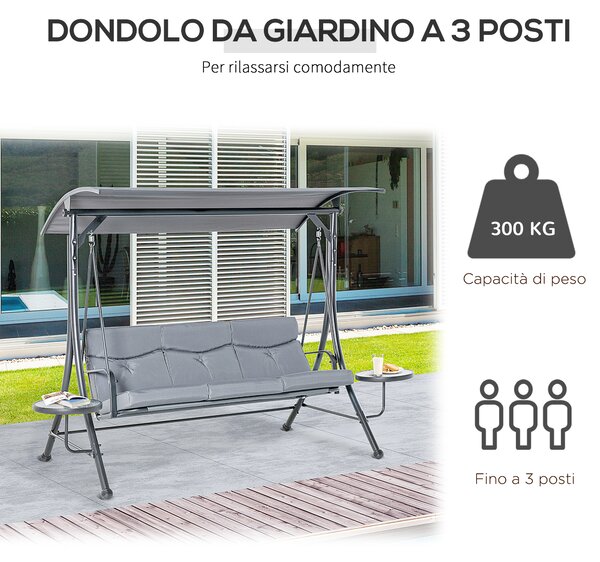 Outsunny Dondolo da Giardino 3 Posti o Balcone con Tettuccio Regolabile e 2 Tavolini, per Esterno, Grigio 271x125x177cm|Aosom