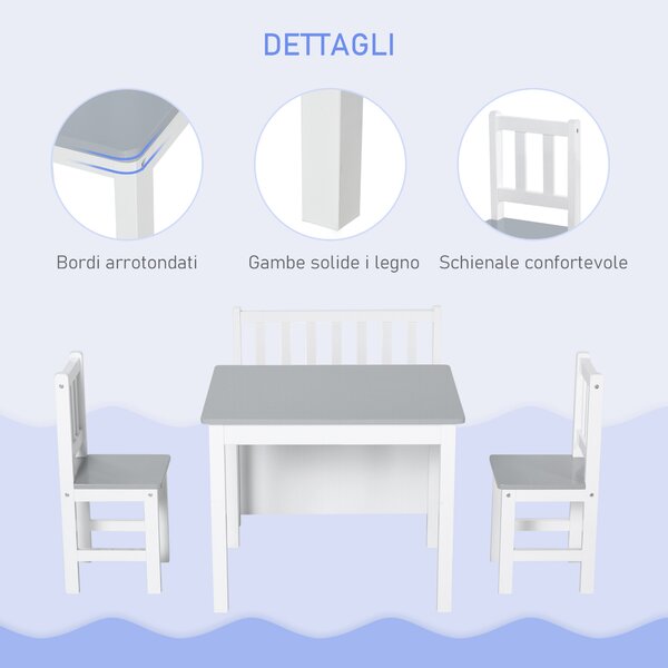 HOMCOM Set con Tavolo per Bambini con contenitore, 2 Sedie e Cassapanca, Legno, Spazio Creativo in Cameretta, Bianco e Grigio|Aosom Italy