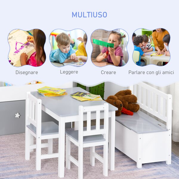 HOMCOM Set con Tavolo per Bambini con contenitore, 2 Sedie e Cassapanca, Legno, Spazio Creativo in Cameretta, Bianco e Grigio|Aosom Italy