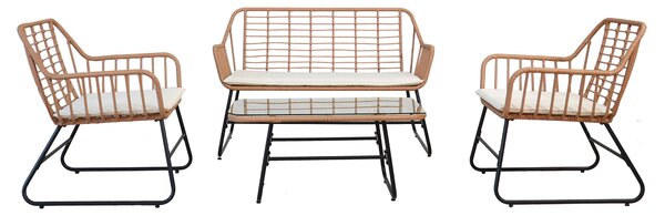 Set Salotto da Giardino Tavolo 2 Poltrone e Divano in Acciaio e Polirattan Cebu Nero Naturale e Bianco