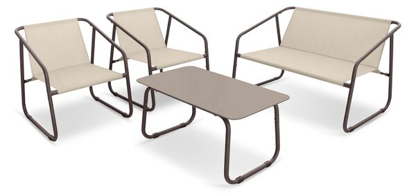 Set Salotto da Giardino Tavolo 2 Poltrone e Divano in Acciaio e Textilene Nizza Marrone e Beige